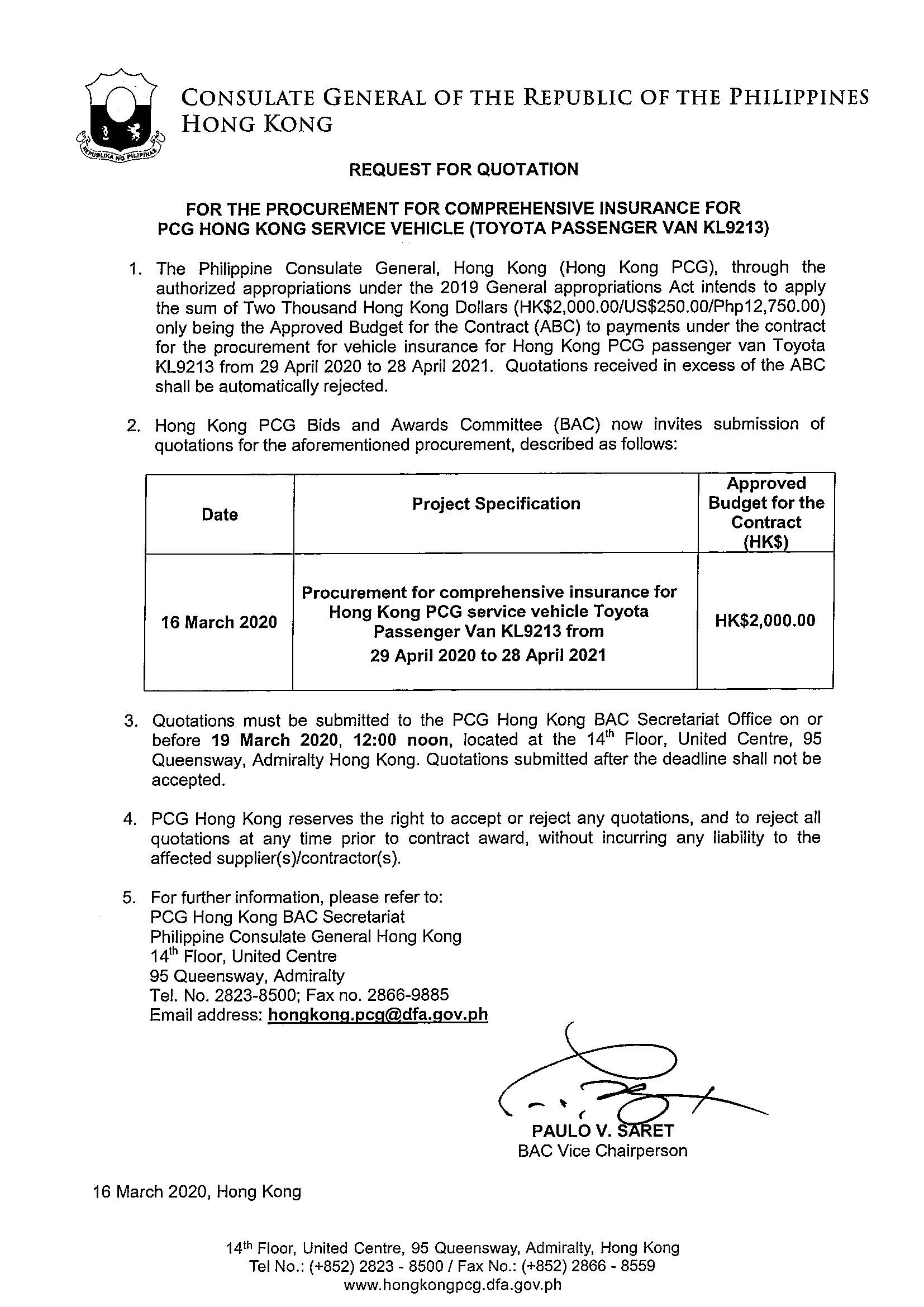 Request for Quotation for the procurement of a