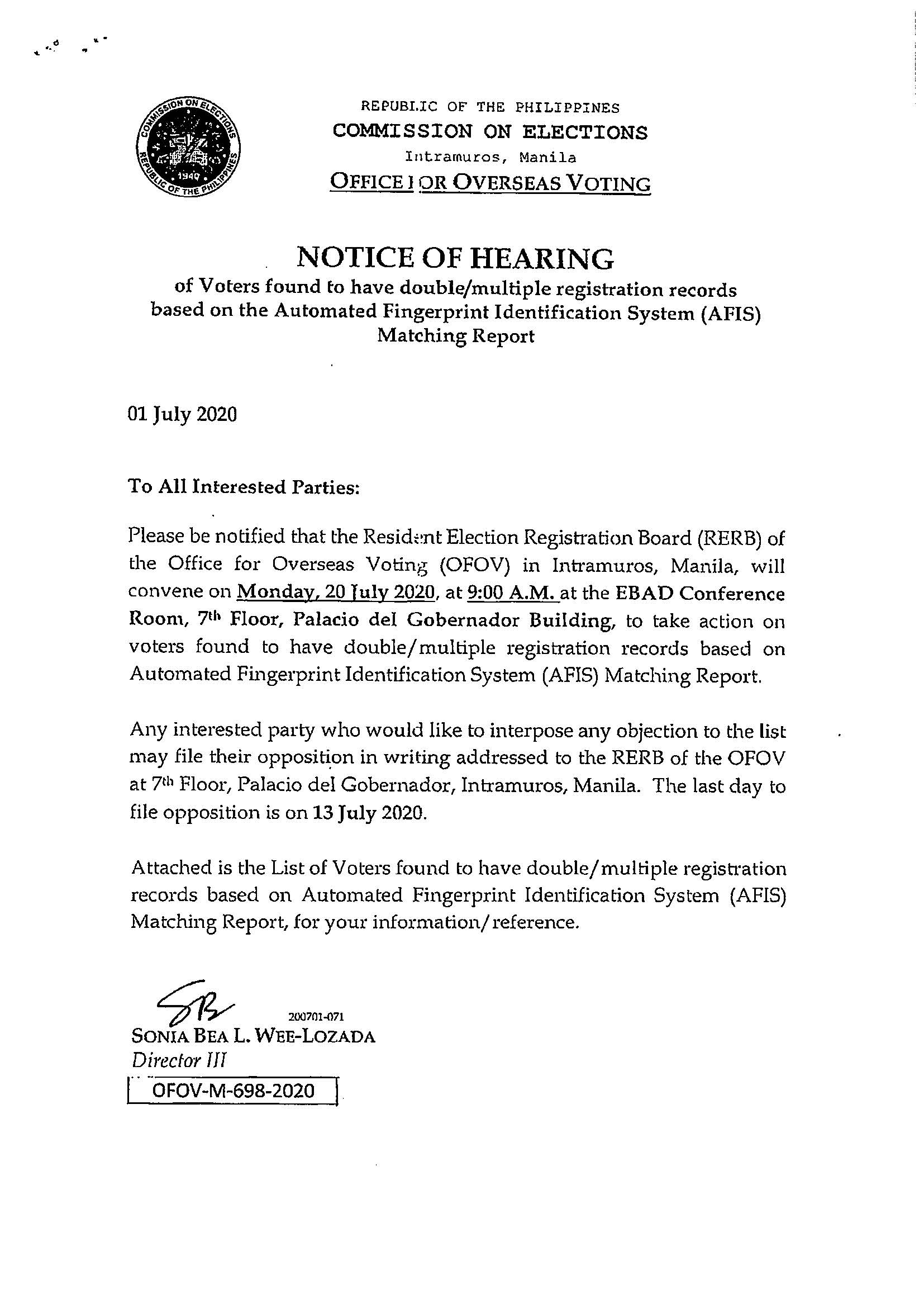 Notice of Hearing