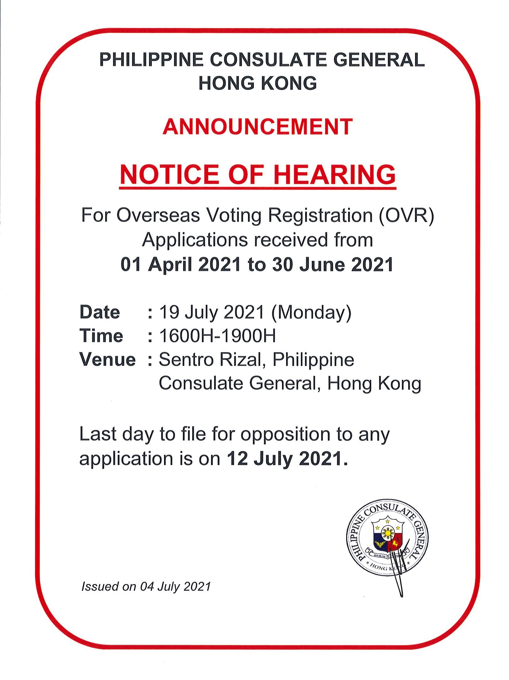 ANNOUNCEMENT NOTICE OF HEARING 19 JULY 2021