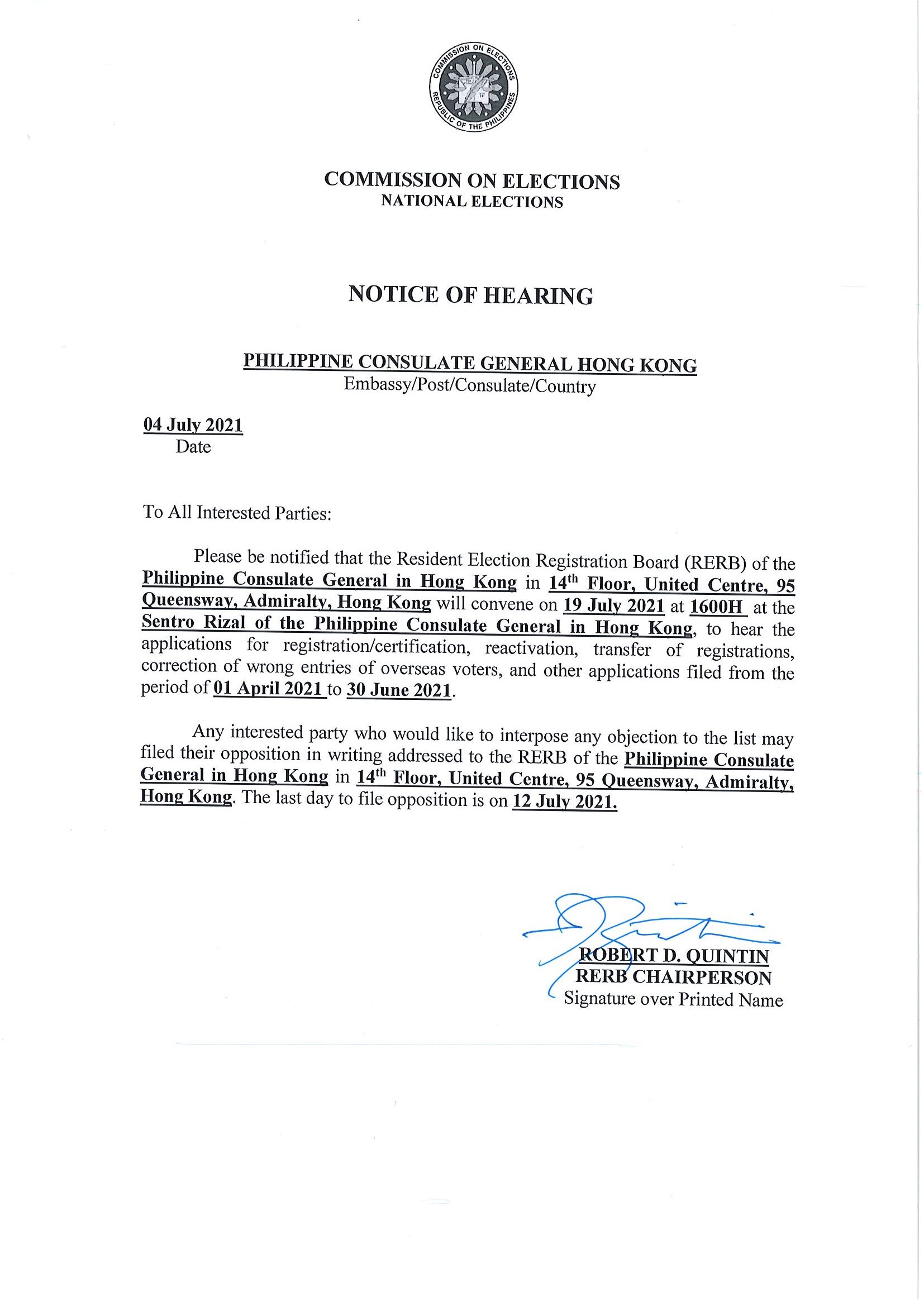 NOTICE OF HEARING 19 JULY 2021 RERB HEARING